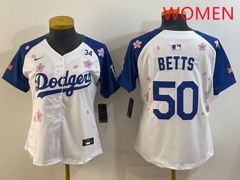 Women Los Angeles Dodgers #50 Betts White Blue Sakura Edition 2025 Nike MLB Jersey style 4
